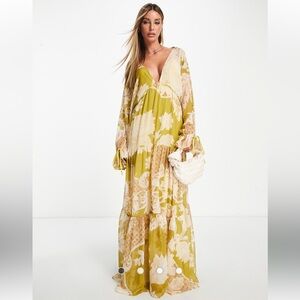 green emerald velvet dress Rent Asos Design Ruched Bandeau Washed Satin Maxi Dress With Tie Detail In  Green